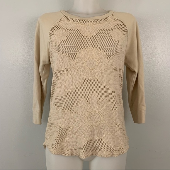 𝅺Lucky Lotus Cream Embroidered Lotus Floral Print Crochet Sweater Size Small - Picture 1 of 5